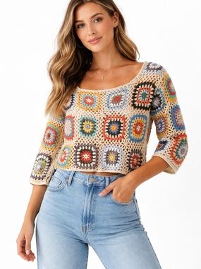 Crochet Granny Square Patchwork Sweater Multicolor Boho Festival L/XL